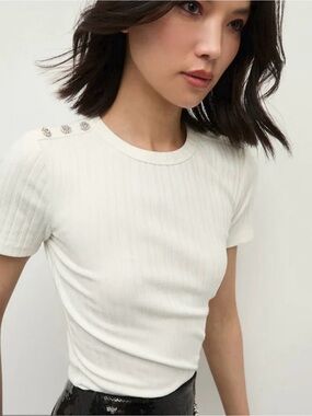 Veronica Beard Cream Draya Ribbed Short Sleeve Top with rhinestone Buttons
